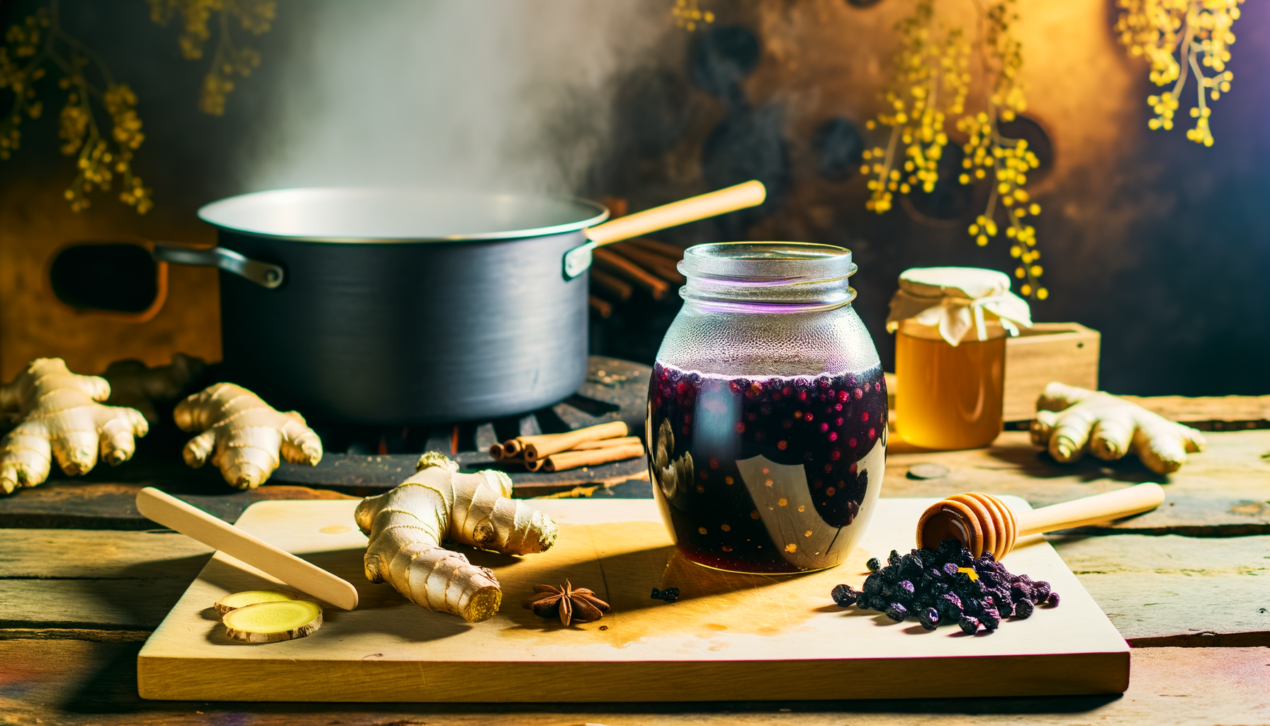 Silta virtuves aina ar mājās gatavota melnā plūškoka sīrupa pagatavošanu — stikla burka, ingvers, kanēlis un medus