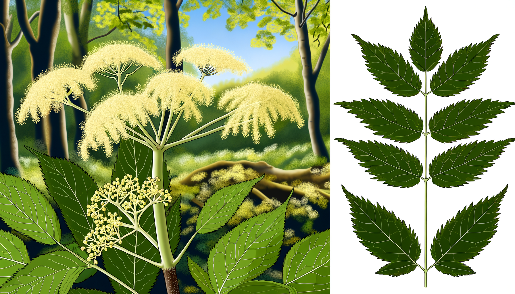 Detalizēts botāniskais attēls ar Sambucus plūškoka augu, parādot ziedus un saliktās lapas dabiskā vidē