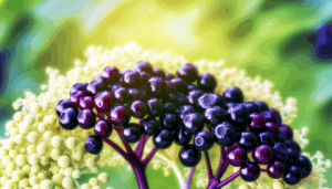Macro image of ripe purple elderberries on a purplish stem with yellow elderflower buds and a green blurred background
